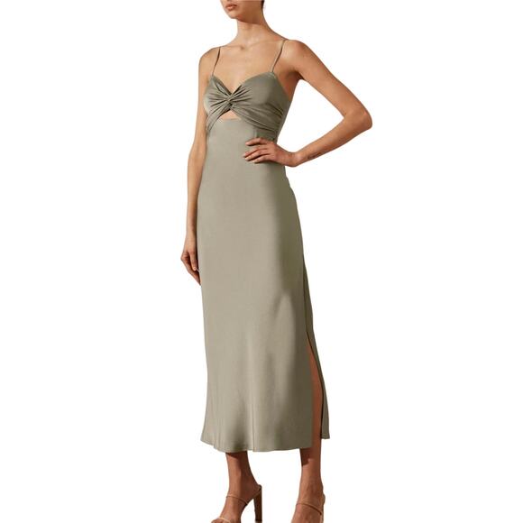 New Shona Joy Women's Cutout Twist Front Satin Cocktail Midi Dress in Eucalyptus - Picture 2 of 10